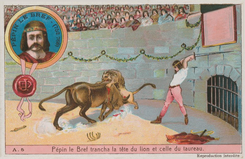Pepino o curto (752-768) atacando a cabeça do leão e o touro de French School