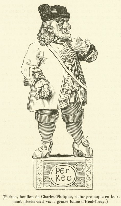 Perkeo, bobo de Charles-Philippe, estátua grotesca em madeira pintada colocada em frente à grande ton de Heidelberg (gravura) de French School