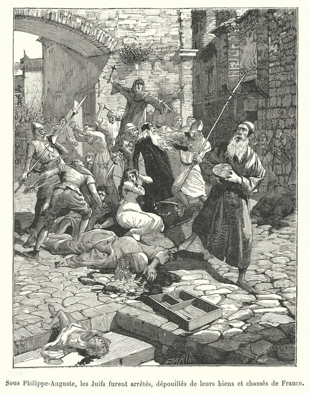 Perseguição de judeus franceses durante o reinado do rei Filipe Augusto, no final do século XII (gravura) de French School