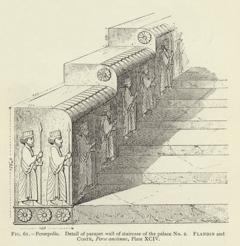 Persepolis, Detalhe da parede de parapeito da escadaria do palácio nº 2 (gravura) de French School