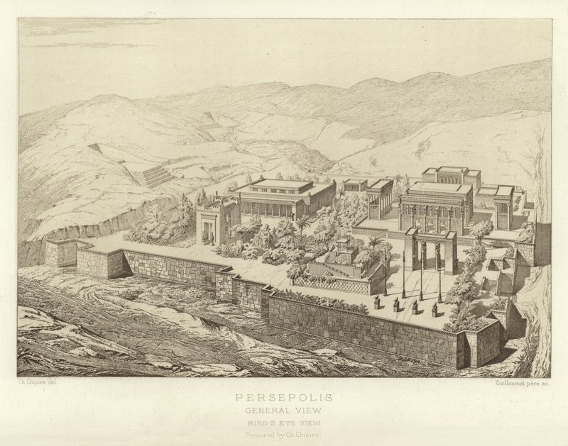 Persépolis, visão geral, vista de olho de pássaros, restaurada por Ch Chipiez de French School