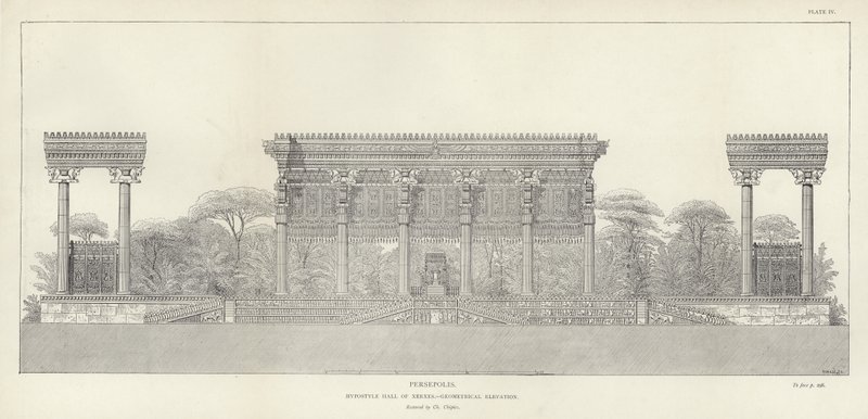 Persépolis, Salão Hipostilo de Xerxes, elevação geométrica, restaurada por Ch Chipiez de French School