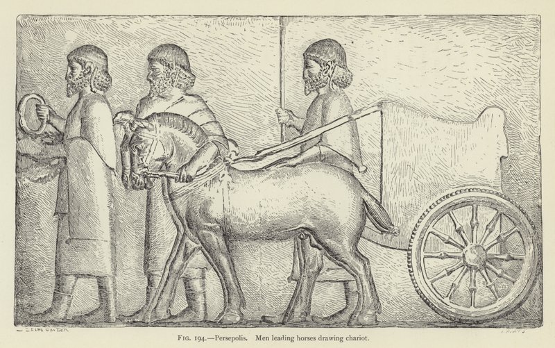 Persépolis, homens levando cavalos desenhando carruagem de French School
