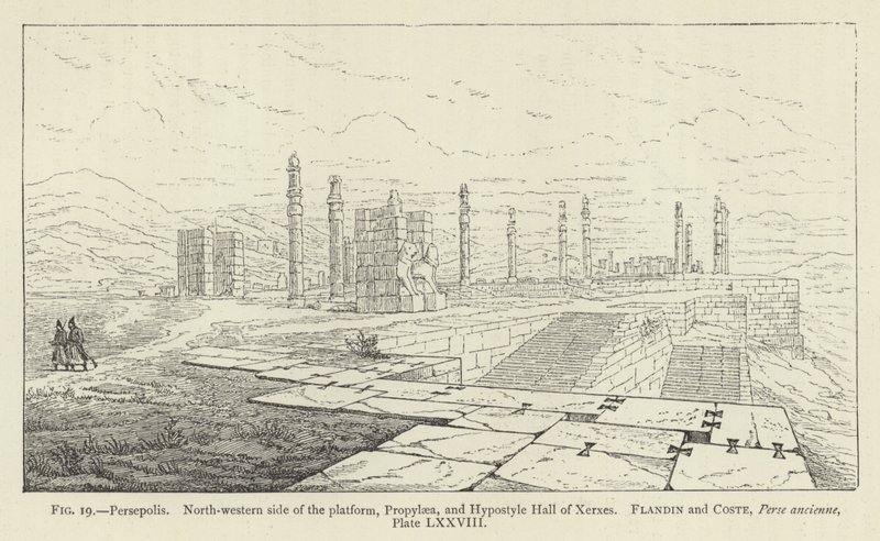 Persépolis, lado noroeste da plataforma, Propileus e Salão Hipostilo de Xerxes de French School
