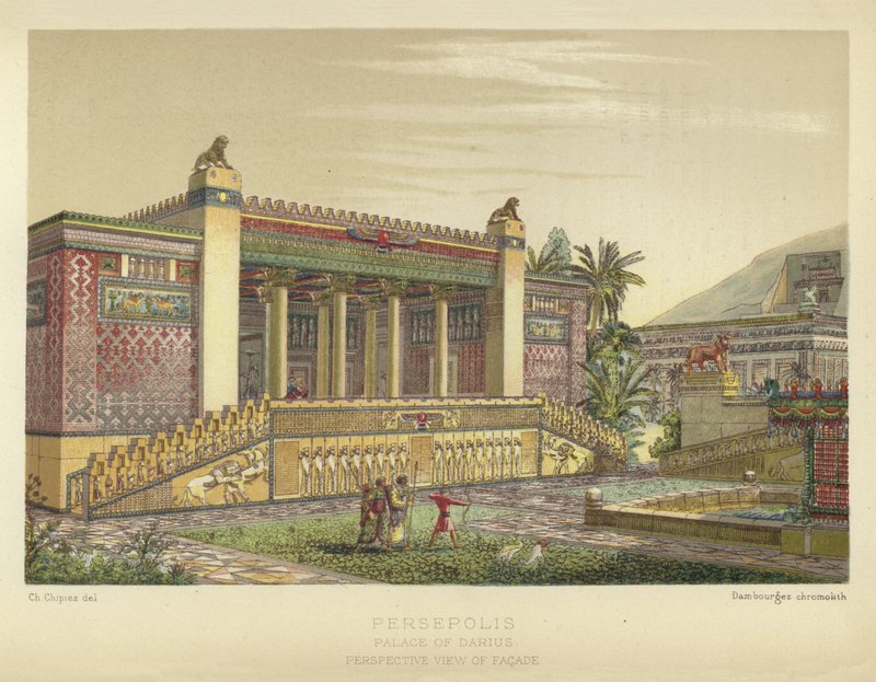 Persépolis, Palácio de Dario, vista em perspectiva da fachada de French School