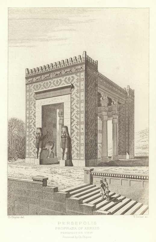 Persépolis, Propileus de Xerxes, Perspectiva, restaurada por Ch Chipiez de French School