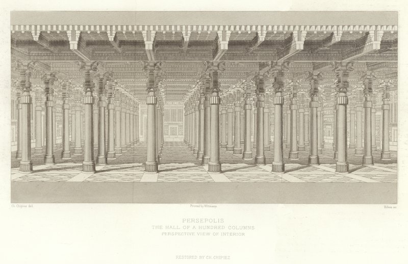 Persépolis, o salão de cem colunas, vista em perspectiva do interior, restaurada por Ch Chipiez de French School