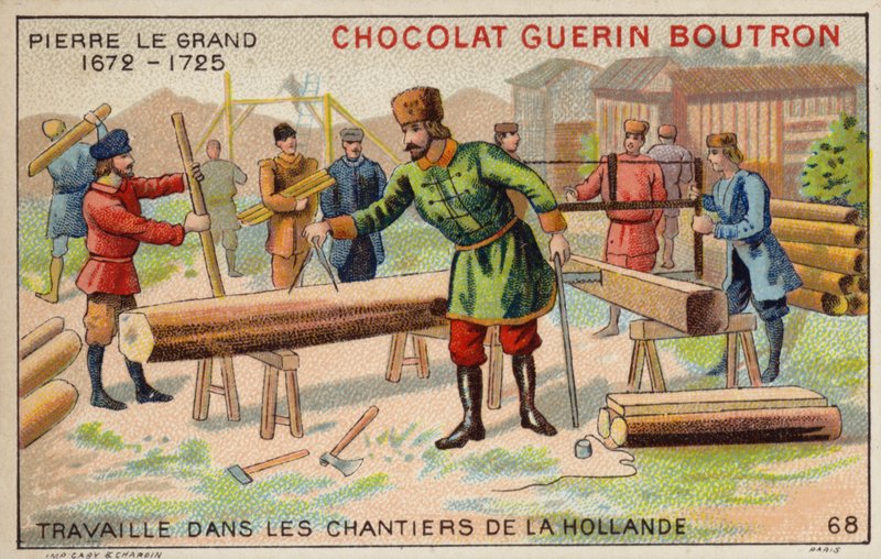 Pedro o Grande a trabalhar nos estaleiros da Holanda (chromolitho) de French School