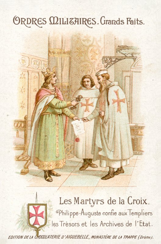 Philip Augustus recompensando os Cavaleiros Templários (chromolitho) de French School