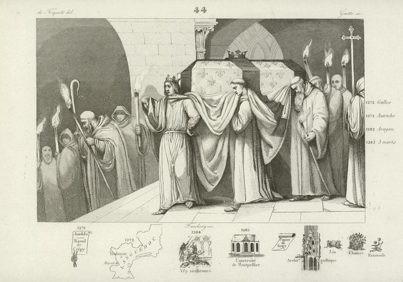 Filipe III da França ajudando a carregar o caixão de seu pai, Luís IX de French School