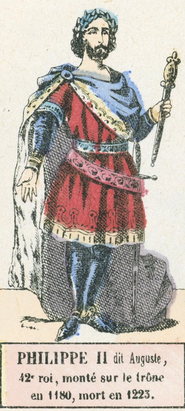 Filipe II, conhecido como Augusto, 42º rei, subiu ao trono em 1180, morreu em 1223 (gravura colorida) de French School