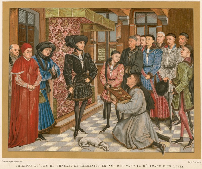 Philippe the Good e Charles the Fearless recebendo a dedicação de um livro de French School