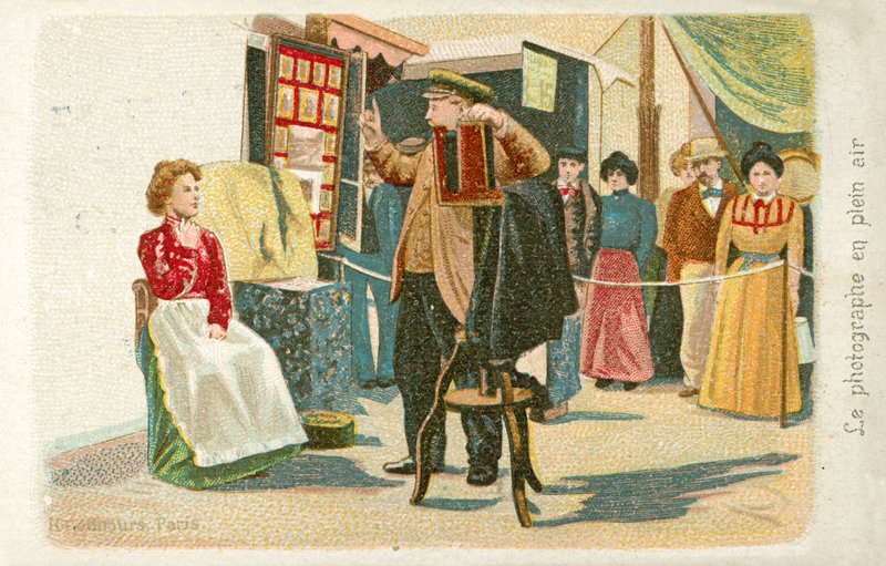 Fotógrafo trabalhando ao ar livre (chromolitho) de French School