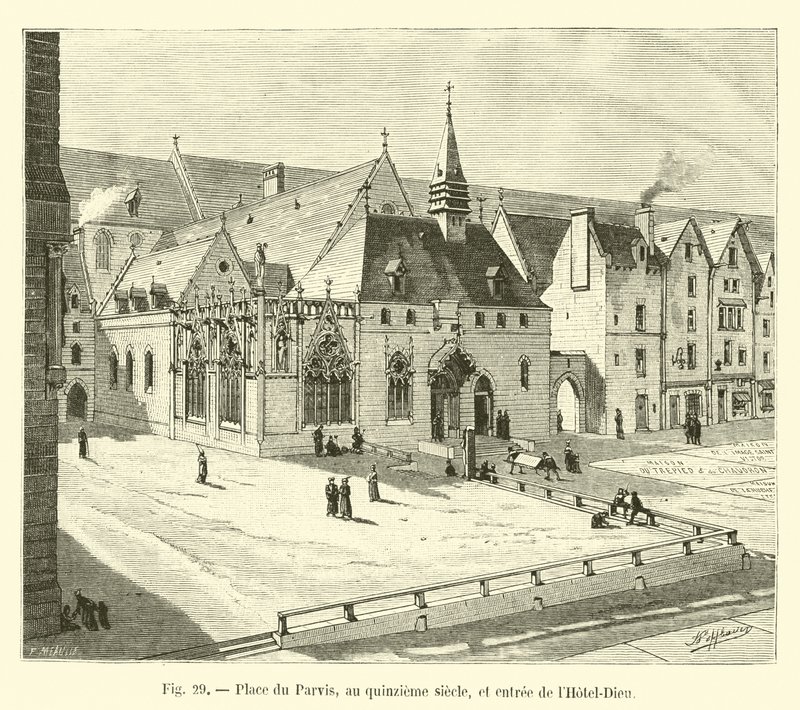Place du Parvis, no século XV, e entrada para o Hotel-Dieu de French School