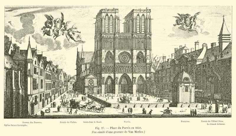 Place du Parvis em 1650, fac-símile de uma gravura de Van Merlen de French School