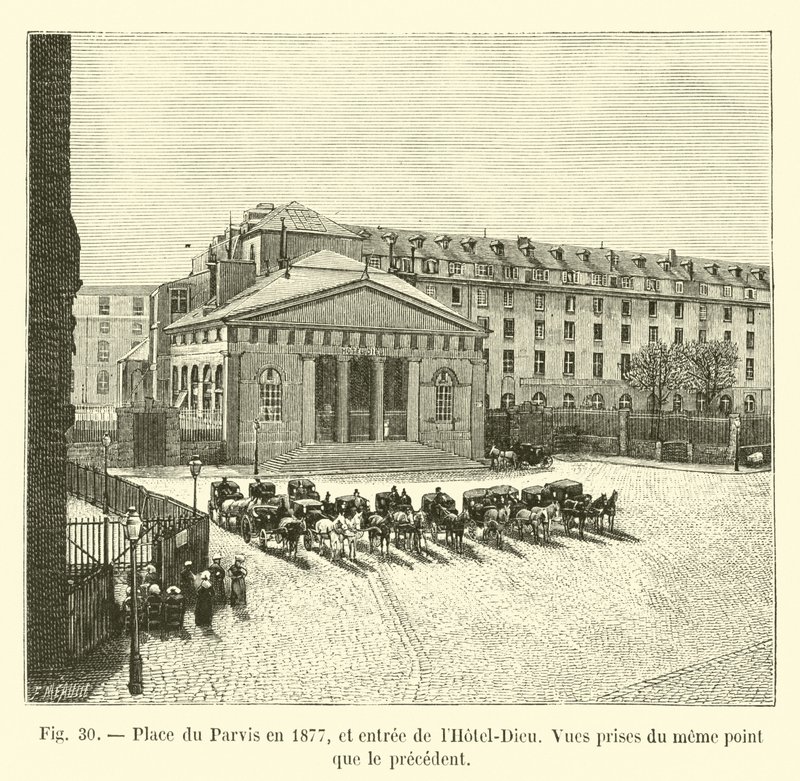 Place du Parvis em 1877, e entrada para o Hotel Dieu, vistas tiradas do mesmo ponto que o precedente de French School