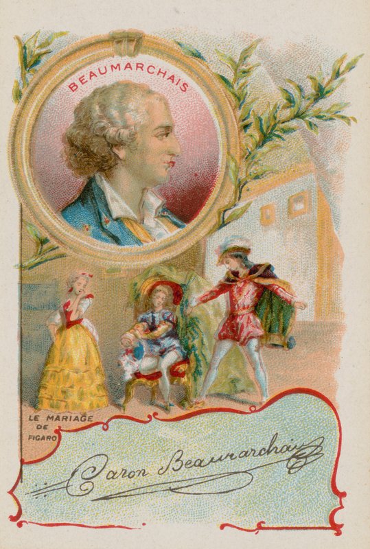 Dramaturgo Pierre-Augustin Caron de Beaumarchais com uma cena do casamento de Figaro de French School