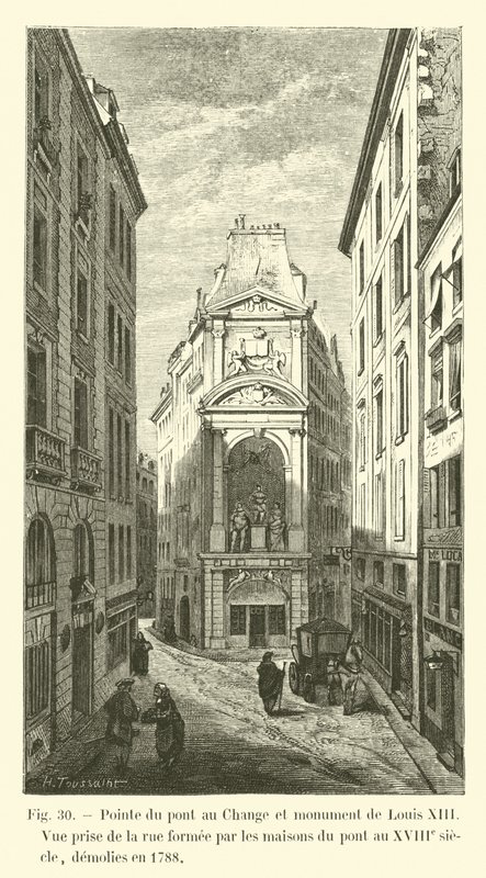 Pointe du Pont au Change e monumento de Luís XIII, vista tirada da rua formada pelas casas da ponte no século XVIII, demolida em 1788 de French School