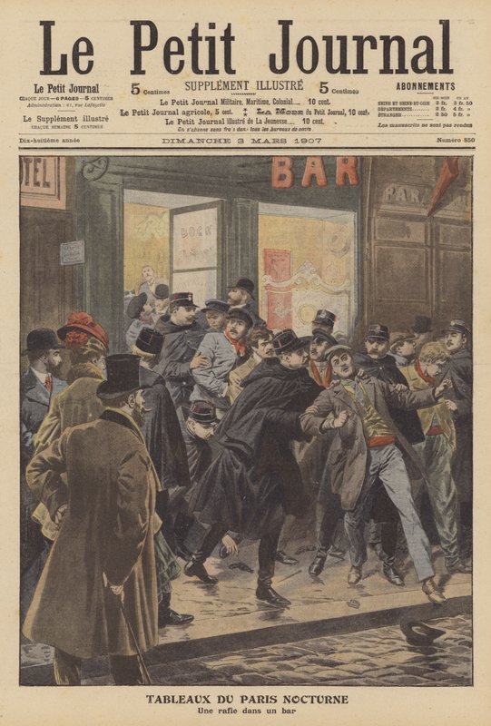 Invasão policial em um bar de Paris à noite (cor litho) de French School