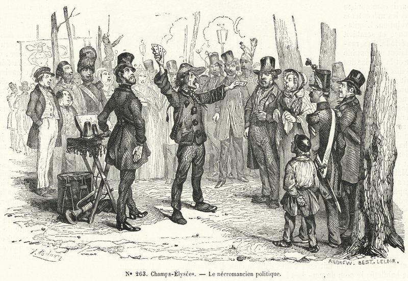 Mágico político nos Campos Elísios, Paris (gravura) de French School