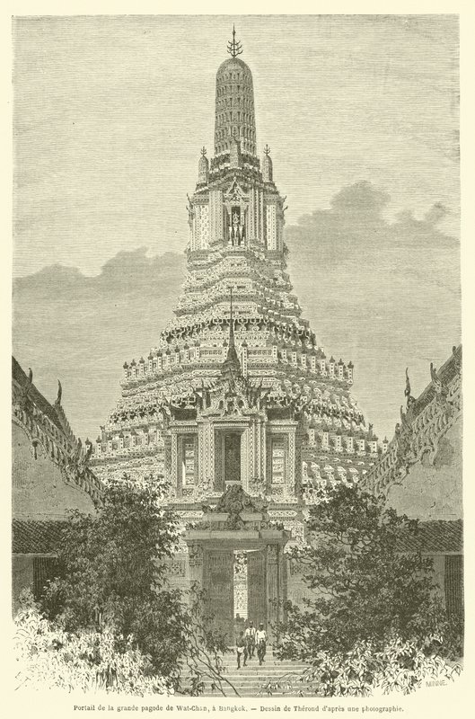 Porta do grande pagode de Wat-Chan, em Banguecoque (gravura) de French School