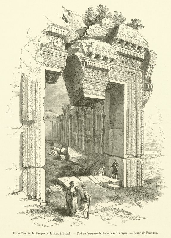 Porta de entrada para o Templo de Júpiter, Balbek (gravura) de French School