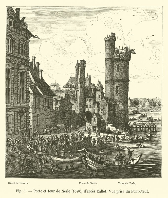 Nesle Gate e Tower, 1640, dapres Callot, Nova Ponte Vista de French School