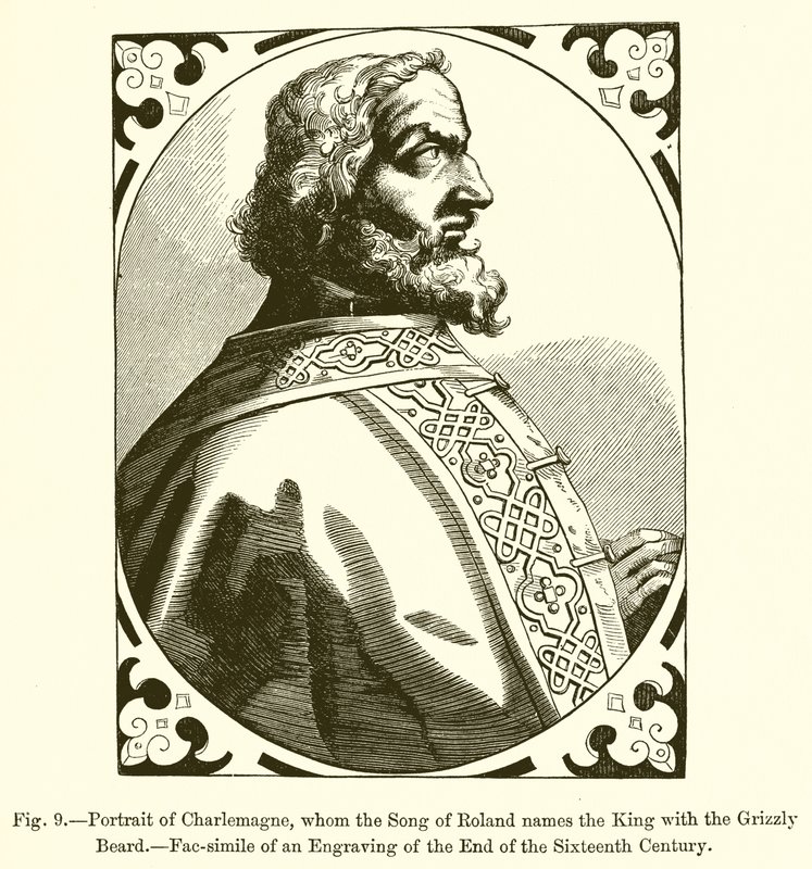 Retrato de Carlos Magno, a quem a Canção de Rolando nomeia o Rei com a Barba Gris de French School