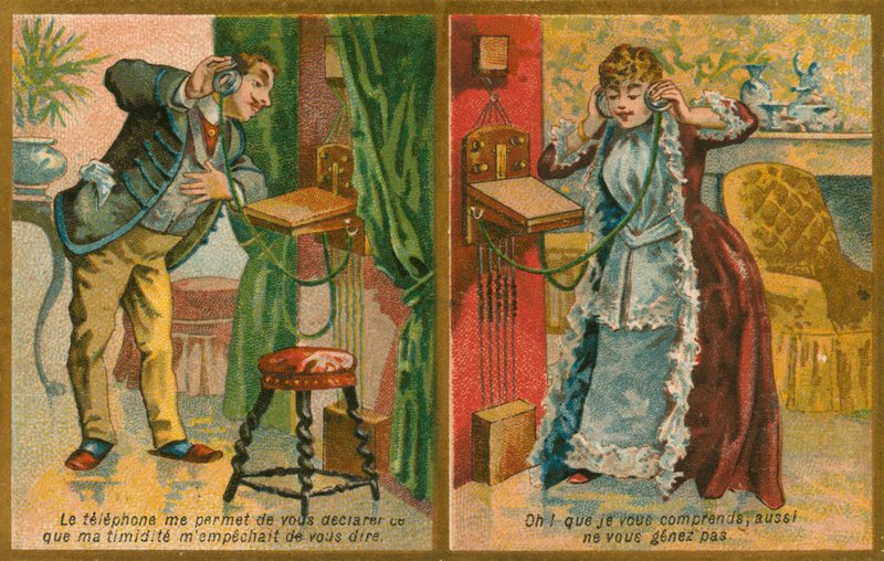 Cartão postal, caracterizando, telefone de French School