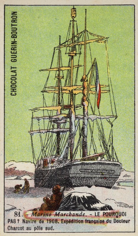 Pourquoi Pas, navio utilizado na expedição de Jean-Baptiste Charcot do Pólo Sul Francês de 1908-1910 (chromolitho) de French School