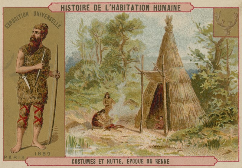 Traje e cabana pré-históricos de French School