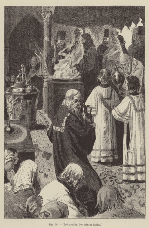 Preparação dos óleos sagrados (gravura) de French School