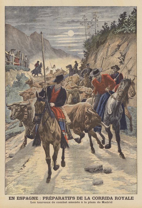 Preparativos para as touradas para celebrar o casamento do rei Alfonso XIII de Espanha (cor litho) de French School