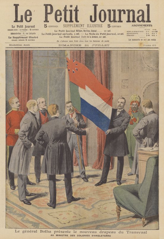 Primeiro-Ministro Louis Botha apresenta a nova bandeira da Colónia do Transvaal à Colónia Britânica (cor litho) de French School