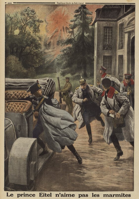 O príncipe Eitel Friedrich da Prússia, segundo filho do Kaiser Wilhelm II da Alemanha, foge em pânico quando o seu quartel-general no Chateau de Temple-la Fosse é bombardeado pela artilharia francesa durante a Batalha do Somme, Primeira Guerra Mundial de French School