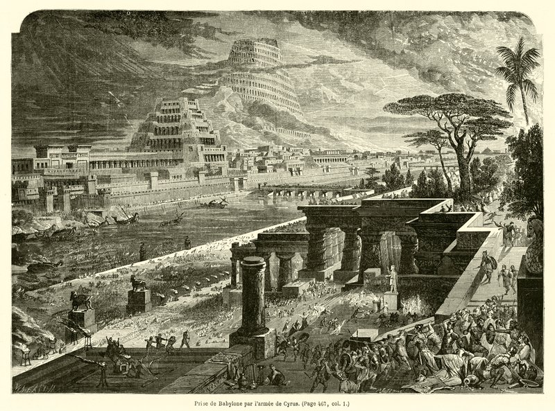 Captura da Babilônia pelo exército de Ciro (gravura) de French School