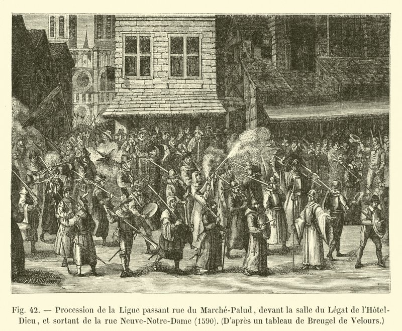 Procissão da Liga passando a rue du Marche-Palud, em frente à sala Legat do Hotel-Dieu, e saindo da Rue Neuve-Notre-Dame, 1590, Dapres uma pintura de Bruegel de Velours de French School