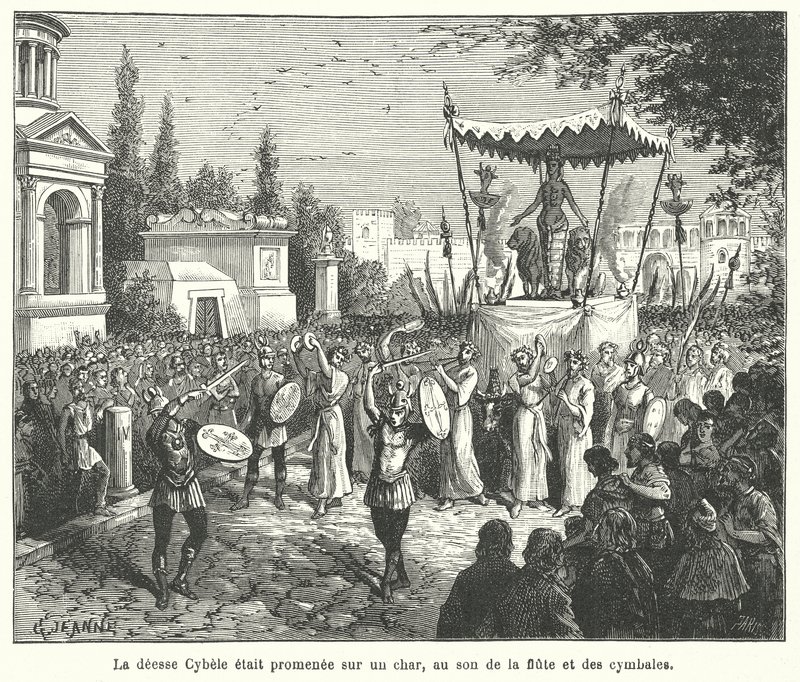 Procissão da carruagem da deusa romana Cibele, precedida por flautistas e címbalos (gravura) de French School