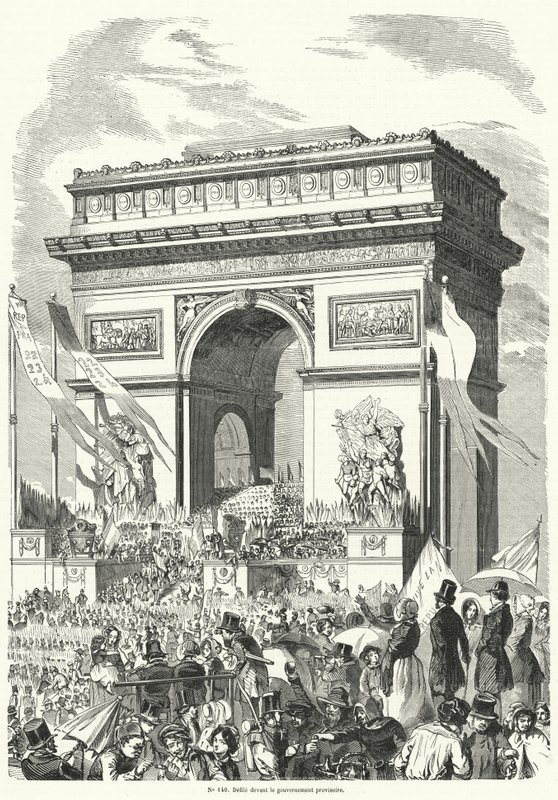 Procissão passando diante do governo provisório francês no Arco do Triunfo, Paris de French School