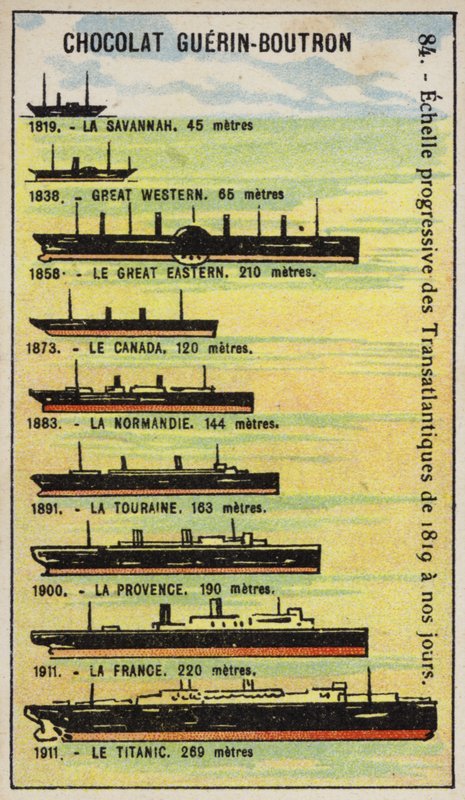 Aumento progressivo do tamanho dos navios transatlânticos de 1819 a 1911 (chromolitho) de French School