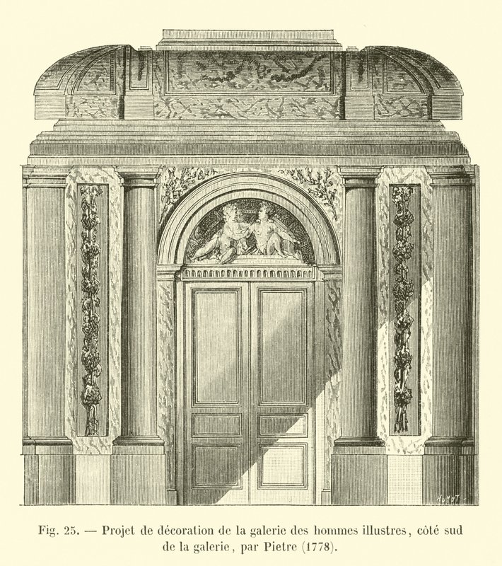 Projeto de decoração da galeria de homens ilustres, lado sul da galeria, por Pietre, 1778 de French School