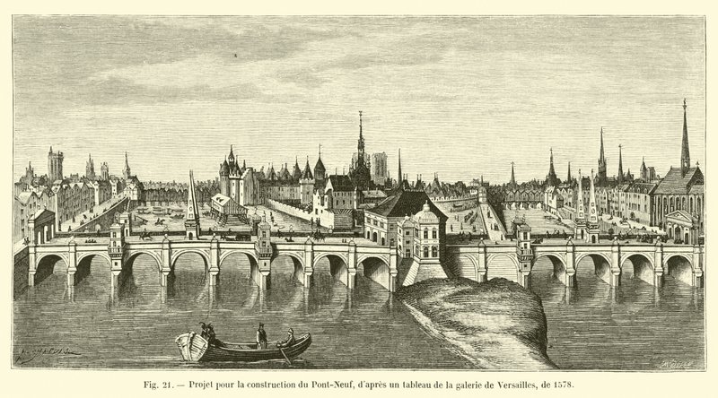 Projeto para a construção da Pont-Neuf, a partir de uma pintura na galeria de Versalhes, 1578 de French School