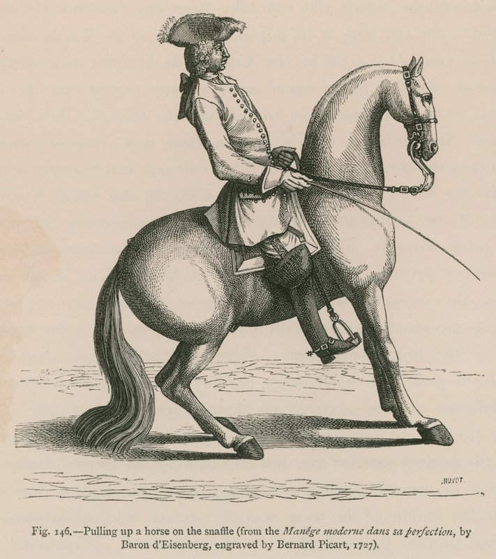 Puxando um cavalo em Snaffle (do Manege moderne em uma perfeição, por Baron dEisenberg, gravado por Bernard Picart, 1727) de French School