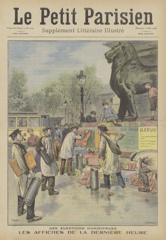 Colocação de cartazes para as eleições municipais francesas (cor litho) de French School