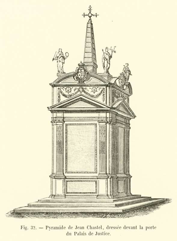 Pirâmide de Jean Chastel, em frente à porta do Palais de Justice de French School