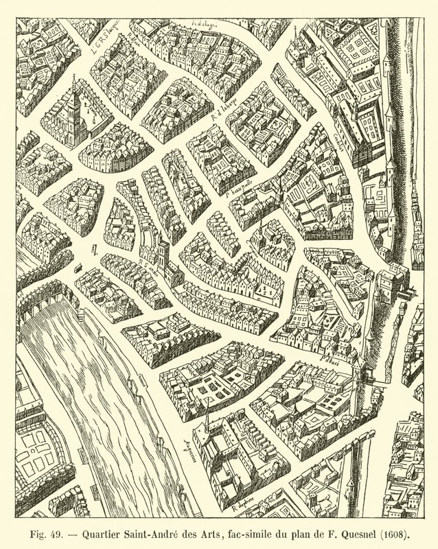 Distrito de Saint-Andre des Arts, fac-símile do plano de F Quesnel, 1608 de French School