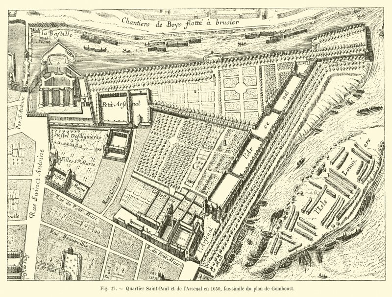 Quartier Saint-Paul e Arsenal em 1650, fac-símile do plano de Gomboust de French School