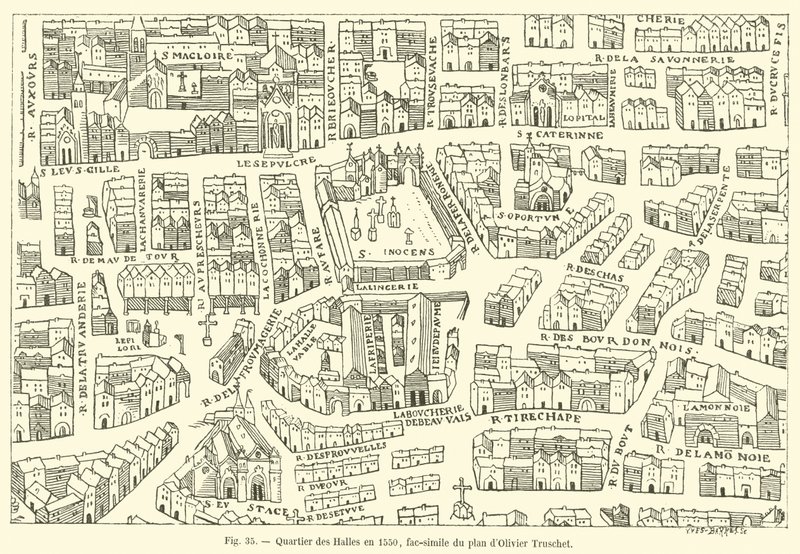Quartier des Halles em 1550, fac-símile do plano de Olivier Truschet de French School