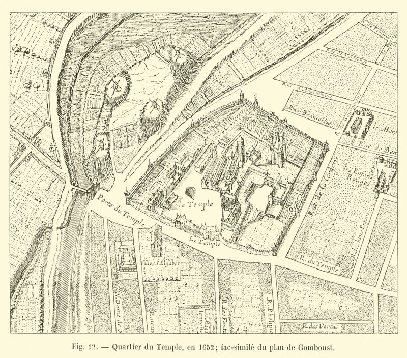 Quartier du Temple, em 1652; fac-símile do plano de Gomboust de French School