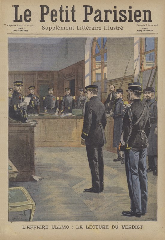 Leitura do veredicto no julgamento de traição de Charles Benjamin Ullmo (cor litho) de French School